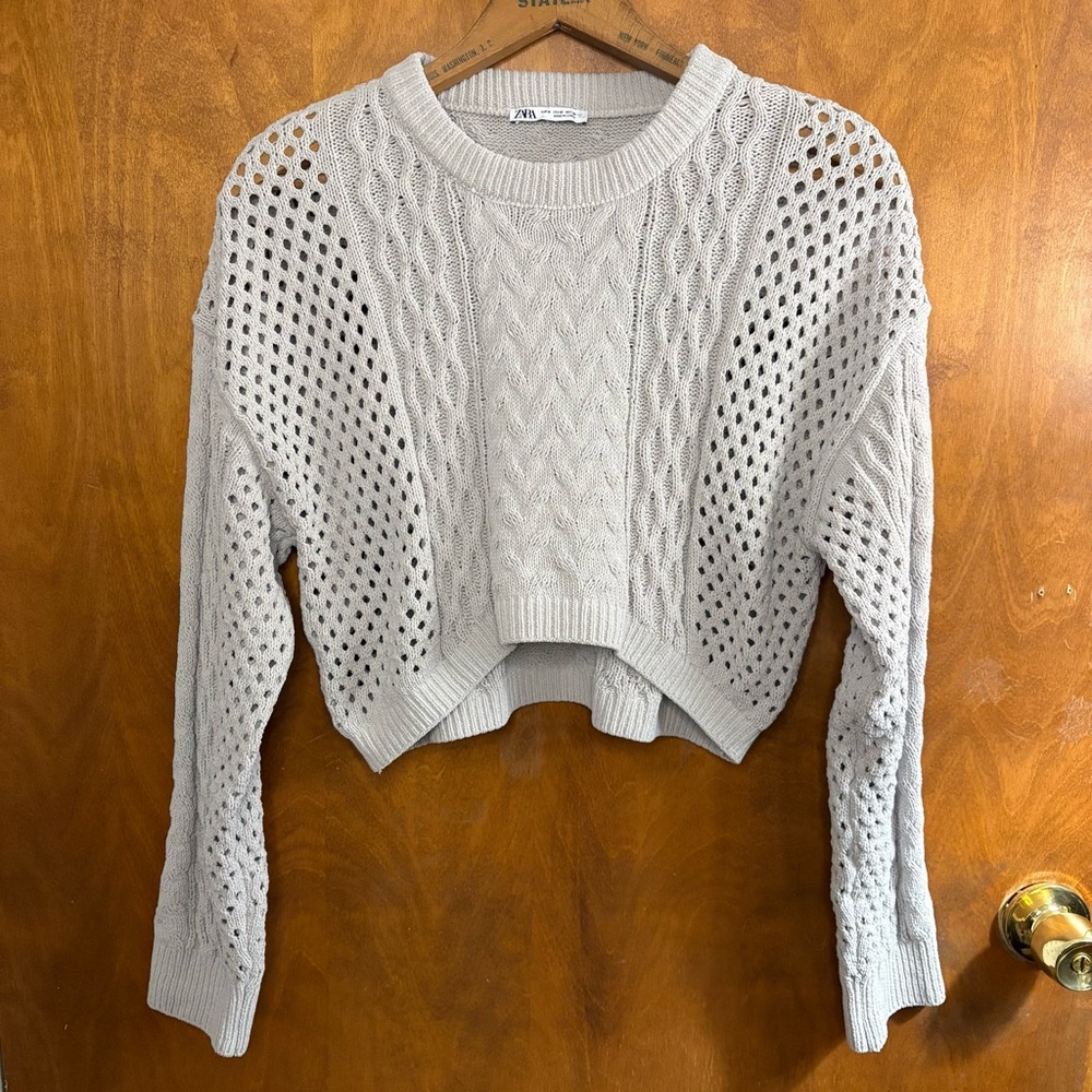 Zara Gray Cable Knit Fisherman Crop Sweater Open Knit Boho Nautical Coastal Y2K
